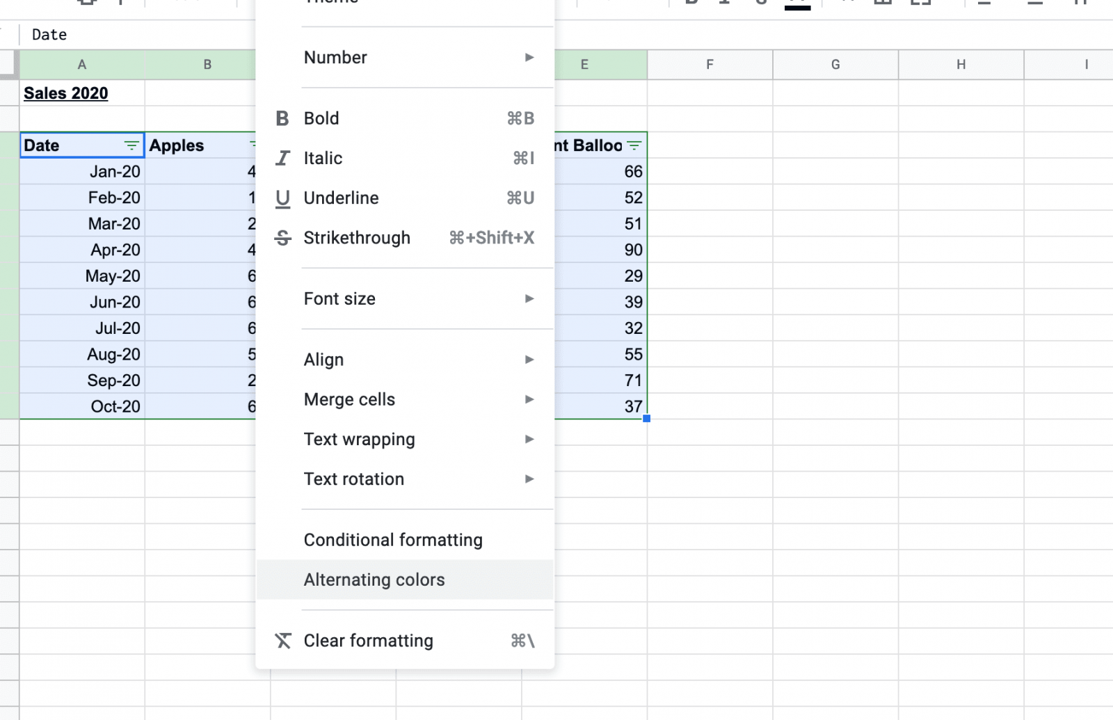 Choosing alternating colours to format a Google Sheets table