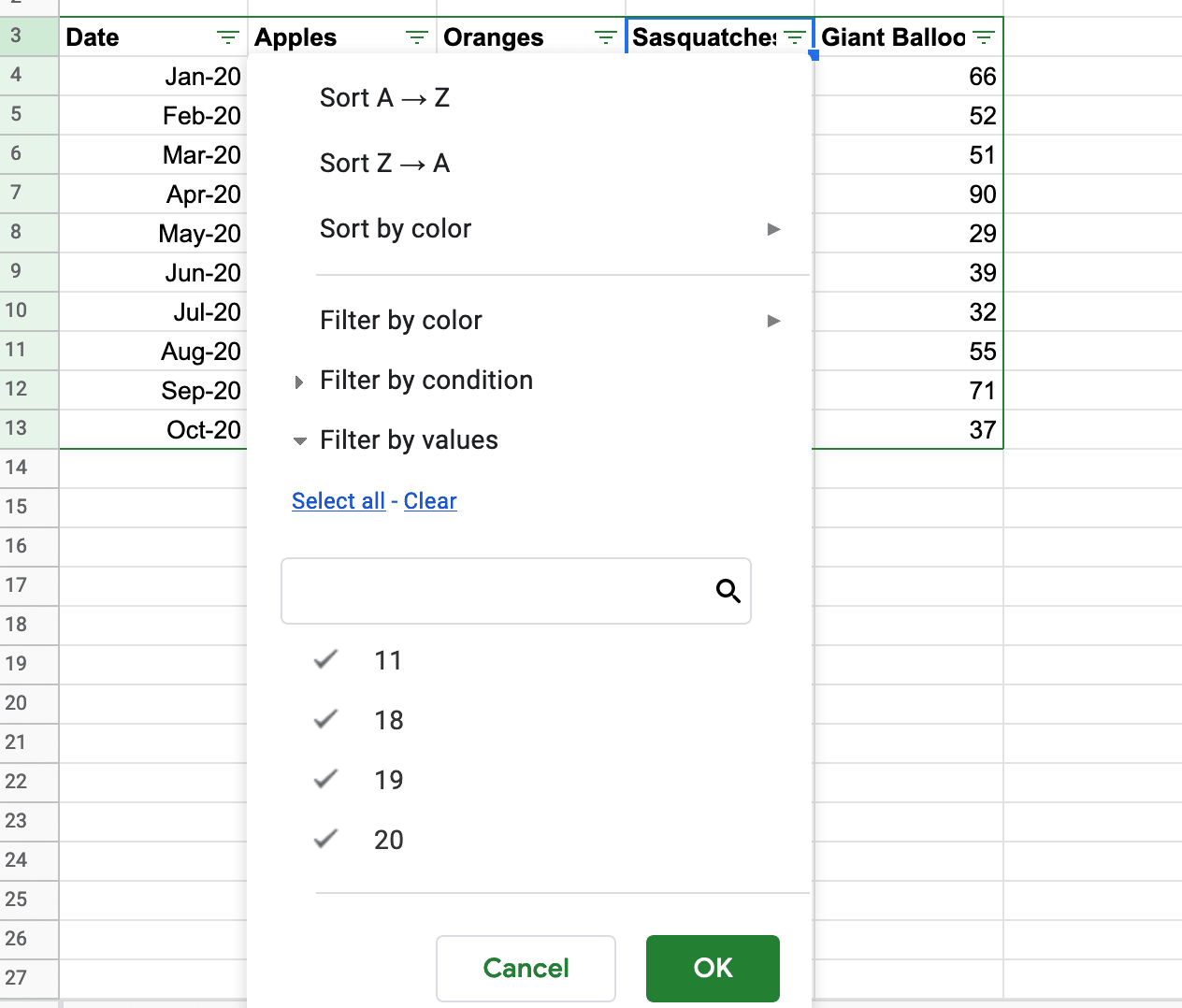Filtered table in google sheets