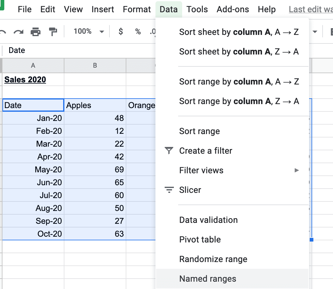 Creating named ranges in Google Sheets
