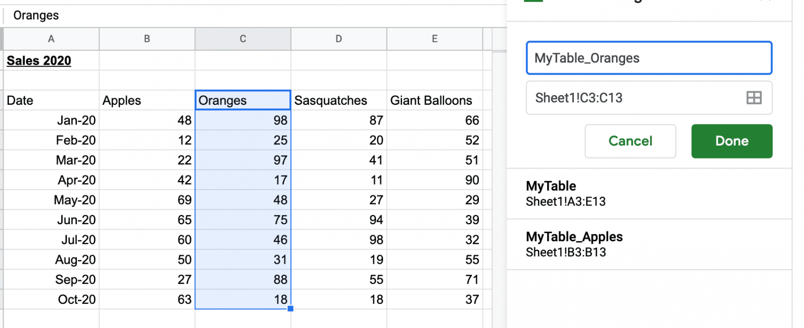 Giving a name to one column in a Google Sheets table
